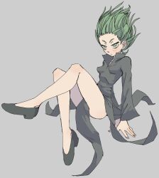 Rule 34 | 1girl, black dress, breasts, dress, expressionless, full body, green eyes, green hair, grey background, highres, impossible clothes, impossible dress, one-punch man, pantsu-ripper, small breasts, solo, tatsumaki
