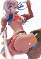 Rule 34 | 1girl, absurdres, american flag bikini, american flag print, ass, asymmetrical gloves, bandolier, bikini, blue eyes, blurry, boots, breasts, bun cover, ev (dai00888), fate/grand order, fate (series), fingerless gloves, flag print, from side, gloves, gun, gunblade, hair bun, hair ribbon, highres, holding, holding gun, holding weapon, large breasts, looking back, miyamoto musashi (fate), miyamoto musashi (fate/grand order), miyamoto musashi (swimsuit berserker) (fate), miyamoto musashi (swimsuit berserker) (second ascension) (fate), multi-strapped bikini, open mouth, pink hair, print bikini, ribbon, single hair bun, single thigh boot, single thighhigh, smile, solo, swimsuit, teeth, thigh boots, thighhighs, uneven gloves, upper teeth only, weapon