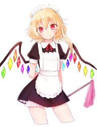 Rule 34 | 1girl, alternate costume, apron, arms behind back, bad id, bad twitter id, black dress, blonde hair, bloomers, closed mouth, cowboy shot, dress, enmaided, eyebrows, flandre scarlet, frilled apron, frills, hair between eyes, honotai, looking at viewer, maid, maid apron, maid headdress, neck ribbon, puffy short sleeves, puffy sleeves, red eyes, red ribbon, ribbon, short hair, short sleeves, side ponytail, simple background, smile, solo, touhou, underwear, white background, wings