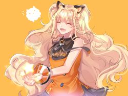 Rule 34 | 1girl, :d, ^ ^, animal ear headphones, animal ears, bad id, bad pixiv id, black skirt, blonde hair, breasts, cat ear headphones, closed eyes, fake animal ears, fang, headphones, long hair, open mouth, orange background, ronpu cooing, seeu, simple background, skirt, sleeveless, small breasts, smile, standing, star (symbol), vocaloid