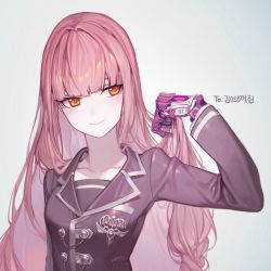 Rule 34 | 1girl, chyan, closed mouth, copyright request, grey jacket, hair intakes, hand up, head tilt, highres, holding, holding own hair, jacket, long hair, long sleeves, mechanical arms, orange eyes, pink hair, simple background, smile, solo, white background