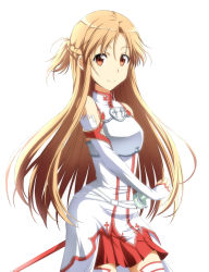 Rule 34 | 10s, 1girl, armor, asuna (sao), bare shoulders, breastplate, brown eyes, brown hair, detached sleeves, highres, long hair, looking at viewer, nori tamago, simple background, skirt, smile, solo, sword, sword art online, thighhighs, weapon, white background, white thighhighs