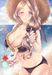 Rule 34 | 1girl, ;q, absurdres, asa (asakisafe1), beach, bikini, black bikini, black bow, blonde hair, blue sky, blush, bow, breasts, cleavage, closed mouth, cloud, collarbone, commentary request, fire emblem, fire emblem: three houses, fire emblem heroes, food, hair bow, hat, highres, holding, holding food, holding spoon, ice cream, large breasts, long hair, looking at viewer, low-tied long hair, mercedes von martritz, navel, nintendo, ocean, official alternate costume, one eye closed, outdoors, purple eyes, sand, side ponytail, signature, sky, solo, spoon, stomach, straw hat, sun hat, swimsuit, tongue, tongue out, water