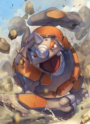 Rule 34 | charging forward, commentary request, creatures (company), day, dust, fangs, game freak, gen 4 pokemon, highres, incoming attack, nintendo, no humans, open mouth, orange eyes, outdoors, pokemon, pokemon (creature), rhyperior, rock, sky, solo, spareribs, tongue