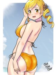 Rule 34 | 1girl, ass, bikini, blonde hair, blush, breasts, drill hair, highres, huge ass, large breasts, legs, looking at viewer, mahou shoujo madoka magica, open mouth, sideboob, smile, solo, swimsuit, thighs, tomoe mami, twin drills, yellow eyes