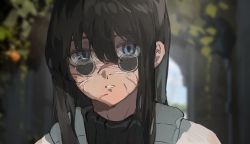 Rule 34 | 1girl, absurdres, black hair, blue eyes, blurry, blurry background, chocolate (jitong), coat, glasses, highres, original, parted lips, scar, scar on face, sweater, turtleneck, turtleneck sweater, white coat
