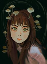 Rule 34 | 1girl, brown hair, copyright request, expressionless, green eyes, io (onisarashi), long hair, looking at viewer, mushroom on head, nose, solo, uneven bangs, upper body
