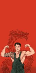 Rule 34 | 2024, absurdres, bara, chinese zodiac, dragon, dragon print, eastern dragon, flexing, happy new year, highres, muscular, new year, non-web source, original, pectorals, year of the dragon
