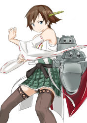 Rule 34 | 10s, 1girl, aiming, aiming at viewer, bare shoulders, blue eyes, brown hair, brown thighhighs, detached sleeves, fighting stance, frilled skirt, frills, hair ornament, harada itsumi, hiei (kancolle), japanese clothes, kantai collection, lace, lace-trimmed legwear, lace trim, machinery, no legwear, nontraditional miko, plaid, plaid skirt, short hair, skirt, solo, thighhighs, white background, zettai ryouiki