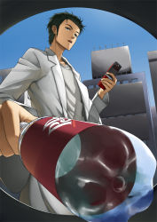 Rule 34 | 1boy, bad id, bad pixiv id, black hair, bottle, cellphone, dr pepper, facial hair, foreshortening, from below, goatee stubble, gonoike biwa, lab coat, male focus, okabe rintarou, phone, product placement, solo, steins;gate, stubble