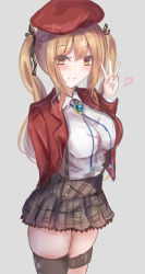 Rule 34 | 1girl, absurdres, arm behind back, beret, black ribbon, black skirt, blonde hair, blue ribbon, blush, brown eyes, feet out of frame, girls&#039; frontline, hair ribbon, hand on back, hat, heart, heart print, highres, jacket, jewelry, long hair, looking at viewer, martinreaction, neck ribbon, necklace, open clothes, open jacket, red hat, red jacket, ribbon, shirt, simple background, skirt, smile, solo, standing, sten mkii (girls&#039; frontline), suspender skirt, suspenders, twintails, w, white shirt