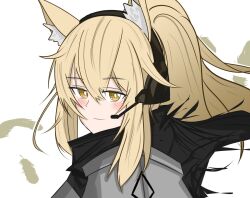 Rule 34 | 1girl, animal ear fluff, animal ears, arknights, black scarf, blonde hair, blush, bright pupils, closed mouth, commentary, english commentary, grey jacket, hair between eyes, headset, horse ears, horse girl, jacket, long hair, looking at viewer, nearl (arknights), portrait, scarf, sidelocks, smile, solo, turning head, white background, white pupils, yellow eyes, yosua 0669