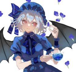 Rule 34 | 1girl, alternate color, bat wings, black wings, blue flower, blue hair, blue hat, blue ribbon, blue shirt, blue skirt, blue theme, collared shirt, commentary request, cup, expressionless, flower, frilled shirt collar, frills, hat, holding, holding cup, mob cap, nanasuou, neck ribbon, puffy short sleeves, puffy sleeves, red eyes, remilia scarlet, ribbon, shirt, short hair, short sleeves, simple background, skirt, solo, touhou, upper body, white background, white shirt, wing collar, wings