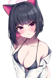 Rule 34 | 1girl, :&lt;, absurdres, alternate costume, animal ears, black hair, blue archive, blunt bangs, blush, breasts, cleavage, closed mouth, collarbone, collared shirt, colored inner animal ears, colored inner hair, halo, highres, kazusa (blue archive), large breasts, leaning forward, looking at viewer, metaljelly, multicolored hair, off shoulder, partially unbuttoned, pink hair, pink halo, red eyes, shirt, short hair, simple background, solo, upper body, white background, white shirt