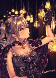 Rule 34 | 1girl, arm across waist, black gloves, black ribbon, blush, breasts, capelet, character name, cleavage, collarbone, dress, drill hair, earrings, gem, glint, gloves, gold, grey hair, hair between eyes, hair ribbon, hand up, highres, idolmaster, idolmaster cinderella girls, jewelry, kanzaki ranko, light, long hair, looking up, necklace, parted lips, purple dress, purple gemstone, red eyes, red gemstone, ribbon, shashaki, shiny skin, smile, solo, twin drills, twintails, two side up, upper body