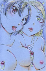 Rule 34 | 2girls, age difference, breasts, crescent, earrings, jewelry, looking at viewer, love live!, love live! sunshine!!, mature female, multiple girls, necklace, nipple piercing, nipples, nude, ohara mari&#039;s mother, piercing, small areolae, small breasts, tongue piercing, topless frame, upper body, watanabe tsuki, yellow eyes