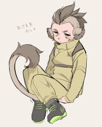 Rule 34 | 1boy, animal ears, between legs, black footwear, body fur, boots, brown background, brown fur, brown hair, brown jacket, brown pants, chest harness, closed mouth, full body, fur-tipped tail, green eyes, half-closed eyes, hands under legs, harness, high collar, highres, hitsuka no tsuki miko, jacket, long sleeves, looking at viewer, male focus, mohawk, monkey boy, monkey ears, monkey tail, monster boy, original, pants, short hair, simple background, sitting, solo, tail, tail between legs, translation request, very short hair