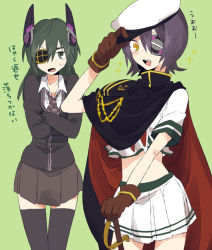 Rule 34 | 2girls, :d, cape, cardigan, cosplay, costume switch, crossed arms, eyepatch, gloves, green eyes, green hair, hat, hat tip, kantai collection, kinari, kiso (kancolle), kiso (kancolle) (cosplay), long hair, midriff, multiple girls, necktie, open mouth, purple hair, skirt, smile, sword, tenryuu (kancolle) (cosplay), tenryuu (kancolle), thighhighs, trait connection, translation request, weapon