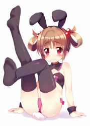 Rule 34 | 1girl, :s, animal ears, arm support, bare shoulders, black thighhighs, blush, brown hair, bunny girl, crotch, detached collar, embarrassed, fake animal ears, feet, full body, hair bobbles, hair ornament, hair rings, leg up, legs, looking at viewer, meito (maze), no shoes, original, panties, pink eyes, purple panties, rabbit ears, rabbit tail, short hair, simple background, sitting, skindentation, soles, solo, tail, thighhighs, underwear, wavy mouth, white background, wrist cuffs