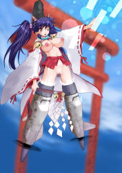 Rule 34 | 00s, 1girl, adapted uniform, animal ears, blush, breasts, censored, detached sleeves, gohei, highres, huge breasts, japanese clothes, juubaori mashumaro, long hair, miko, nipples, no panties, nontraditional miko, oonusa, pointless censoring, purple hair, pussy, solo, strike witches, striker unit, tears, torii, twintails, world witches series
