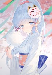 Rule 34 | 1girl, ayaka (genshin impact), blue eyes, blue hair, blunt bangs, blunt ends, blurry, blush, cherry blossoms, closed mouth, cotton candy, dated, depth of field, floating hair, floral print, flower, food, fox mask, from side, genshin impact, hair flower, hair ornament, hair ribbon, hand up, high ponytail, highres, holding, holding food, japanese clothes, kimono, long hair, long sleeves, looking at viewer, looking to the side, mask, mask on head, ookamisama, paper, petals, pink flower, ponytail, ribbon, sidelocks, smile, solo, tress ribbon, white background, white kimono, wide sleeves, wind, yukata