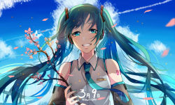 Rule 34 | 1girl, 39, aqua eyes, aqua hair, aqua nails, aqua necktie, arm tattoo, artist name, bare shoulders, blue sky, blush, branch, cloud, collared shirt, contrail, day, detached sleeves, fuumeh, grey shirt, grin, hatsune miku, headphones, holding, long sleeves, nail polish, necktie, number tattoo, outdoors, parted lips, petals, shirt, sky, smile, solo, tattoo, teeth, twintails, upper body, vocaloid, wing collar
