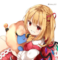 Rule 34 | 1girl, artist name, ascot, bad id, bad pixiv id, blonde hair, blush, commentary request, creatures (company), crossover, crystal, dress, flandre scarlet, game freak, gen 2 pokemon, grin, hair ribbon, highres, holding, holding pokemon, looking at viewer, mareep, nintendo, no headwear, one side up, poke ball, pokemon, pokemon (creature), puffy short sleeves, puffy sleeves, raina 017, red dress, red eyes, red ribbon, ribbon, shirt, short sleeves, simple background, sitting, smile, touhou, twitter username, white background, white shirt, wings, yellow ascot