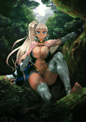 Rule 34 | 1girl, :o, absurdres, barefoot, blonde hair, blue eyes, breasts, cape, chyko, cleavage, elf, feet, forest, highres, huge breasts, long hair, nature, navel, original, parted lips, pointy ears, ponytail, revealing clothes, side ponytail, sitting, soles, solo, thighhighs, toeless legwear, toes, tree, white thighhighs