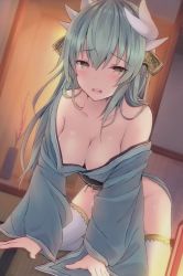 Rule 34 | 1girl, all fours, bad id, bad pixiv id, bare shoulders, blush, breasts, cleavage, collarbone, downblouse, dragon girl, dragon horns, fate/grand order, fate (series), green hair, green kimono, hair between eyes, headpiece, horns, japanese clothes, kimono, kiyohime (fate), long hair, long sleeves, looking at viewer, medium breasts, obi, off shoulder, open mouth, sash, smile, solo, thighs, white legwear, yellow eyes, yuzuzukushi