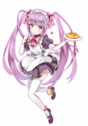 Rule 34 | 1girl, bad id, bad pixiv id, blush, bow, female focus, food, full body, gradient background, heart, kitsuta, long hair, maid, maid headdress, purple hair, solo, sophie (tales), tales of (series), tales of graces, thighhighs, twintails, white background