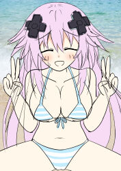 Rule 34 | 1girl, absurdres, adult neptune, beach, bikini, breasts, cleavage, closed eyes, double v, highres, large breasts, legs, navel, neptune (series), ocean, open mouth, purple hair, smile, spread legs, swimsuit, thighs, v, water