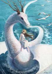 Rule 34 | 1girl, absurdres, artist name, barefoot, bird, blue eyes, bow, brown eyes, brown hair, day, dragon, dress, fantasy, hair bow, highres, horns, huge filesize, long hair, looking at viewer, ocean, original, outdoors, regu (7lava), seagull, sidesaddle, sitting, smile, water, white bow, white dress, wind
