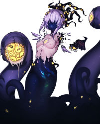Rule 34 | 1girl, bare shoulders, breasts, claws, eldritch abomination, extra eyes, faceless, floating, glowing, glowing eyes, highres, light purple hair, long hair, looking at viewer, mini wings, no arms, nude, nyong nyong, original, simple background, solo, tentacles, white background, wings, yellow eyes