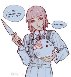 Rule 34 | 1girl, ball, bowling ball, cake, cake or fake (meme), chainsaw man, closed mouth, english text, fami (chainsaw man), food, head tilt, highres, holding, holding knife, keibleh, knife, long sleeves, meme, mole, mole under eye, mole under mouth, pink eyes, pink hair, signature, simple background, skirt, solo, white background