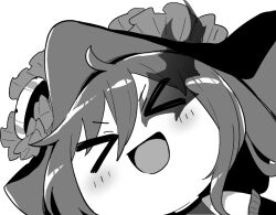 &gt;_&lt; amity_(azur_lane) amity_(friendly_franken)_(azur_lane) azur_lane azur_lane:_slow_ahead chibi chibi_only frilled_hat frills greyscale halloween halloween_costume hat hori_(hori_no_su) light_blush monochrome official_alternate_costume official_art open_mouth smile