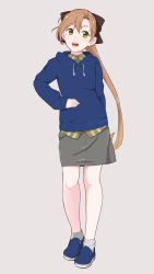 Rule 34 | 10s, akigumo (kancolle), bad id, bad twitter id, brown hair, casual, full body, green eyes, grey background, hand on own hip, hood, hoodie, kantai collection, long hair, ojipon, ponytail, simple background, skirt, solo, standing, teeth, upper teeth only