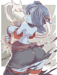 Rule 34 | 1girl, 2029, areola slip, ass, backboob, blue hair, blue skin, blush, breasts, colored skin, cowboy shot, crossed arms, detached collar, dress, from behind, grey background, highres, leviathan (skullgirls), looking at viewer, looking down, monster girl, mtk hoshi, red eyes, side ponytail, sideboob, skullgirls, solo, squigly (skullgirls), stitched mouth, stitches, striped clothes, striped thighhighs, thighhighs, torn clothes, yellow eyes, zombie
