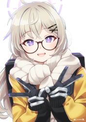 1girl ayamo_kaoru backpack bag black_bag black_gloves blonde_hair blue_archive double_v glasses gloves hair_ornament halo highres jacket kotama_(blue_archive) kotama_(camp)_(blue_archive) open_mouth purple_eyes semi-rimless_eyewear solo twitter_username two-tone_gloves upper_body v white_gloves yellow_jacket