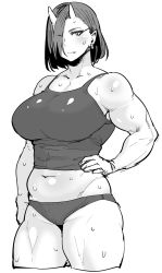 Rule 34 | 1girl, asymmetrical bangs, bare shoulders, belly, breasts, commentary request, cropped legs, curvy, earrings, elf-san wa yaserarenai., fang, fang out, greyscale, hair over eyes, hair over one eye, hand on own hip, highres, jewelry, large breasts, looking at viewer, monochrome, muscular, muscular female, navel, oga (elf-san wa yaserarenai.), ogre, panties, plump, pointy ears, short hair, simple background, solo, standing, sweat, synecdoche, tank top, thick arms, thick thighs, thighs, underwear, white background