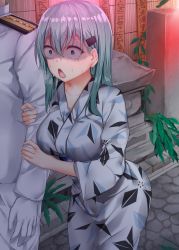 Rule 34 | 1boy, 1girl, absurdres, admiral (kancolle), arm grab, breasts, commentary, constricted pupils, crying, crying with eyes open, epaulettes, gloves, green eyes, green hair, hair between eyes, hair ornament, hairclip, heavy breathing, highres, jack dempa, japanese clothes, kantai collection, kimono, large breasts, leaning forward, long hair, long sleeves, military, military uniform, naval uniform, night, outdoors, revision, scared, solo focus, sotoba, star (symbol), suzuya (kancolle), sweat, tears, tombstone, turn pale, uniform, white gloves, yukata