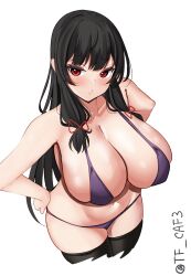 Rule 34 | 1girl, absurdres, alternate breast size, alternate costume, bikini, black hair, black thighhighs, blush, breasts, cowboy shot, hair ribbon, highres, huge breasts, isokaze (kancolle), kantai collection, legs together, long hair, looking at viewer, one-hour drawing challenge, purple bikini, red eyes, ribbon, simple background, smile, solo, standing, swimsuit, tf cafe, thighhighs, twitter username, white background