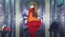 Rule 34 | 1girl, anime screenshot, ass, blue eyes, blush, bodysuit, breasts, brown hair, chetrippo, evangelion: 2.0 you can (not) advance, female focus, hair ornament, highres, huge ass, long hair, looking back, medium breasts, neon genesis evangelion, plugsuit, rebuild of evangelion, shiny clothes, skin tight, solo, souryuu asuka langley, test plugsuit, third-party edit, twintails