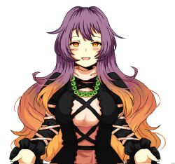 Rule 34 | 1girl, bead necklace, beads, black dress, blush, cross-laced clothes, dress, frilled sleeves, frills, gradient hair, highres, hijiri byakuren, jewelry, juliet sleeves, layered dress, long hair, long sleeves, moonii desu, multicolored hair, necklace, open mouth, orange eyes, orange hair, puffy sleeves, purple hair, simple background, smile, solo, touhou, turtleneck, turtleneck dress, upper body, white background, white dress