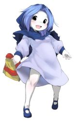 Rule 34 | 1girl, bag, black eyes, blue footwear, blue hair, blush, breasts, colored skin, commentary request, cookie (touhou), daiaa nisei, dress, flour (cookie), full body, holding, holding bag, hood, hood up, kumoi ichirin, looking at viewer, medium breasts, medium hair, open mouth, parted bangs, purple dress, shoes, simple background, smile, solo, standing, touhou, white background, white skin