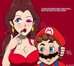 Rule 34 | 1boy, 1girl, big nose, blue eyes, blush, breast press, breasts, brown hair, cleavage, donkey kong (1981 game), donkey kong (series), dress, earrings, eyeshadow, facial hair, grin, hand on another&#039;s head, hat, heart, jewelry, lipstick, long hair, makeup, mario, mario (series), mustache, nail polish, nintendo, one eye closed, pauline (mario), plumber, red dress, smile, upper body, wink