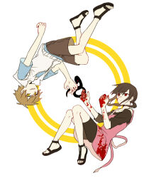 Rule 34 | 1boy, 1girl, aaniko, amamiya hibiya, animal, apron, asahina hiyori, black footwear, black hair, black shirt, black shorts, blood, blood on face, blood on hands, blue shirt, brown hair, brown shorts, casual, child, circle, clenched hands, closed mouth, collarbone, commentary request, friends, full body, grin, hair between eyes, holding, holding animal, hood, hoodie, kagerou project, looking at another, low twintails, mekakucity actors, midair, off-shoulder shirt, off shoulder, open clothes, parted lips, pink apron, pink ribbon, red eyes, ribbon, rotational symmetry, sandals, shirt, short hair, short sleeves, shorts, simple background, sleeveless, sleeveless hoodie, smile, snake, solid eyes, t-shirt, teeth, twintails, white background, yellow eyes, zipper