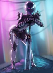 Rule 34 | 1girl, alternate costume, arcafterdark, bent over, blurry, blurry background, breasts, colored skin, feet in water, fortuna (warframe), gram (warframe), highres, leaning forward, leaning on object, leaning on weapon, legs apart, looking at viewer, mag (warframe), midriff, multicolored skin, navel, pussy, signature, small breasts, solo, sword, warframe, weapon