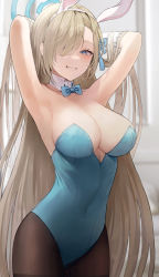 Rule 34 | animal ears, armpits, asuna (blue archive), asuna (bunny) (blue archive), blue archive, blue bow, blue bowtie, blue eyes, blue leotard, bow, bowtie, breasts, cleavage, cowboy shot, detached collar, fake animal ears, gloves, hair over one eye, hair ribbon, halo, highleg, highleg leotard, highres, large breasts, leotard, light brown hair, mole, mole on breast, official alternate costume, playboy bunny, rabbit ears, ribbon, smug, strapless, strapless leotard, swept bangs, tikakaa, traditional bowtie, white gloves