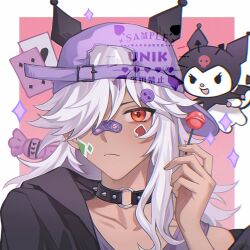 Rule 34 | alternate costume, black hood, candy, closed mouth, collar, cyno (genshin impact), dark-skinned male, dark skin, food, genshin impact, hair between eyes, hair over one eye, hat, highres, holding, holding candy, holding food, holding lollipop, hood, hooded jacket, jacket, kuromi, lollipop, long hair, male focus, onegai my melody, purple headwear, red eyes, sanrio, spiked collar, spikes, sticker on face, unik0503, white hair