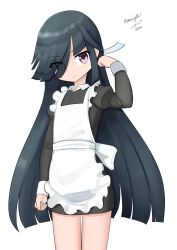 Rule 34 | 1girl, absurdres, alternate costume, apron, black dress, black hair, brown eyes, dated, dress, enmaided, flat chest, frilled apron, frills, hair over one eye, hayashimo (kancolle), highres, kantai collection, long hair, long sleeves, looking at viewer, maid, maru (marg0613), one-hour drawing challenge, simple background, smile, solo, twitter username, white apron, white background